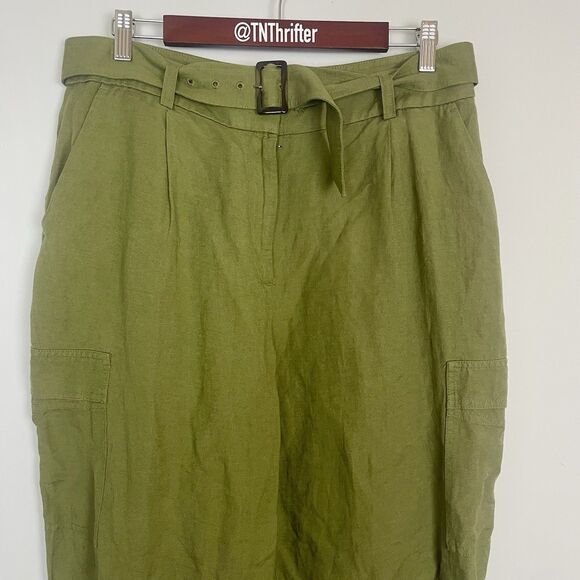 Loft Belted Drapey Cargo Linen Blend Pants Olive Green Womens Size 10 Workwear - Picture 7 of 14